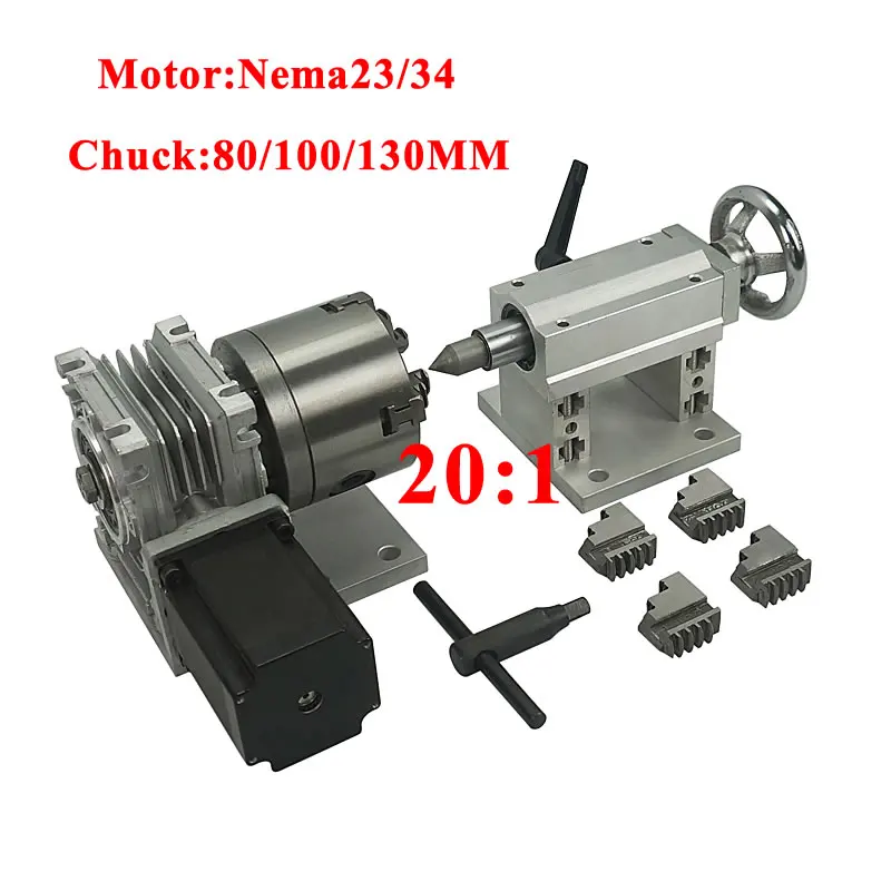 4 axis cnc 4 jaw chuck 80mm 100mm 130mm rotary A axis 4th axis tailstock 20:1 for cnc router engraver milling machine 4 axis kit