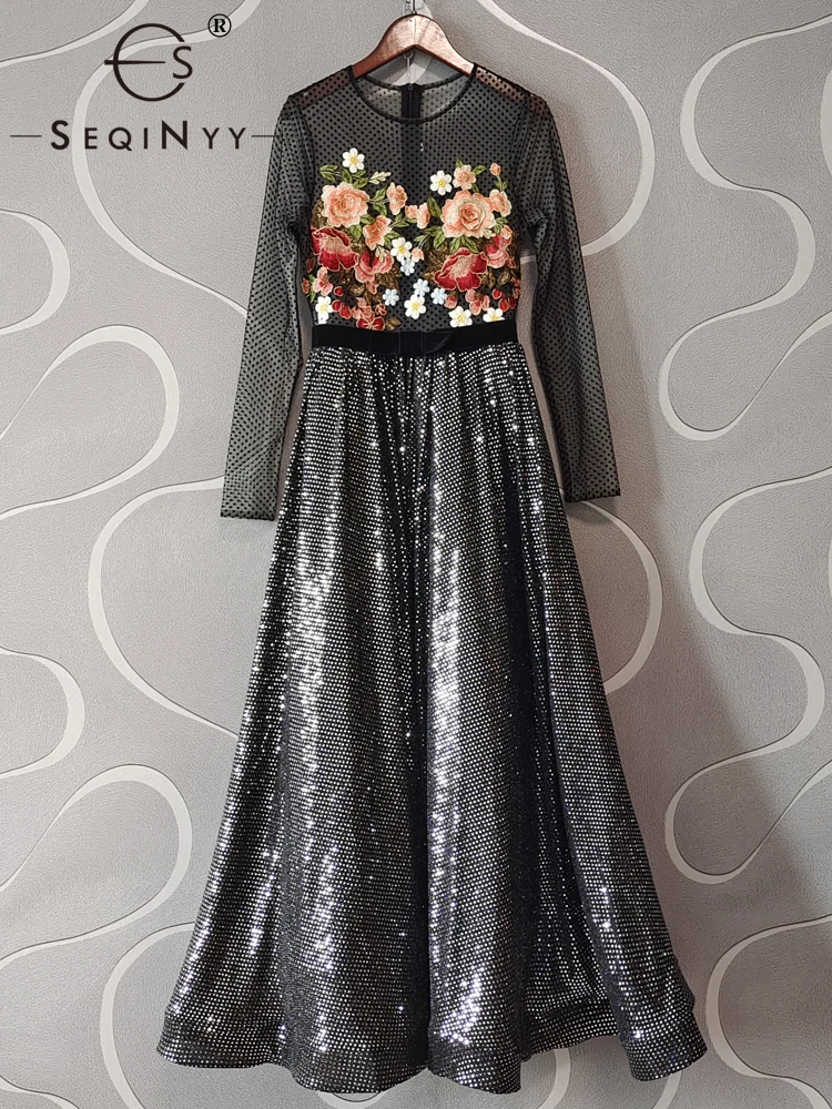 SEQINYY Black Midi Dress Summer Spring New Fashion Design Women Runway Mesh Dot Embroidery Flowers Sequins Party Elegant