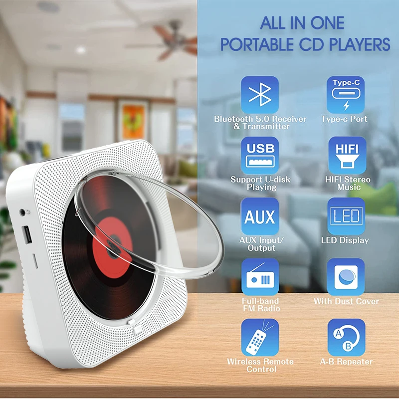 Fm Radio Wall Mountable Retro Bluetooth-compatible Music Disc Album Bluetooth Boombox And Led Screen New