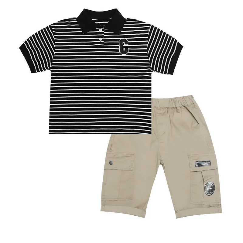 2022 New Summer Kids Children Polo Shirt + Pants 2 Pieces Set Teenage Boys Casual Striped Clothes Fashion Cotton Tracksuit 4-14Y