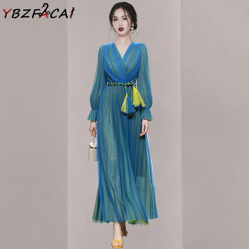 

Весеннее женское платье, новинка 2023, облегающее ТРАПЕЦИЕВИДНОЕ ПЛАТЬЕ С Длинным Рукавом, Элегантное синее Сетчатое платье с V-образным вырезом и широкой юбкой