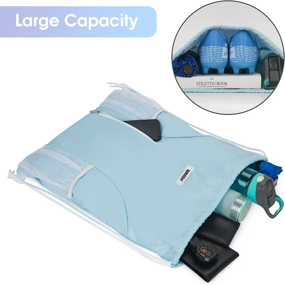 Drawstring Backpack Sports Gym Sackpack with Mesh Pockets Water Resistant String Bag for Women Men Children (Light Blue)