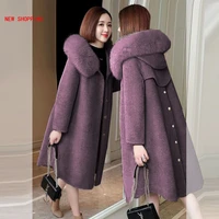 new women winter warm fur coat slim elegant big fur collar hooded jacket vintage thick cashmere overcoat wool coats purple 4xl