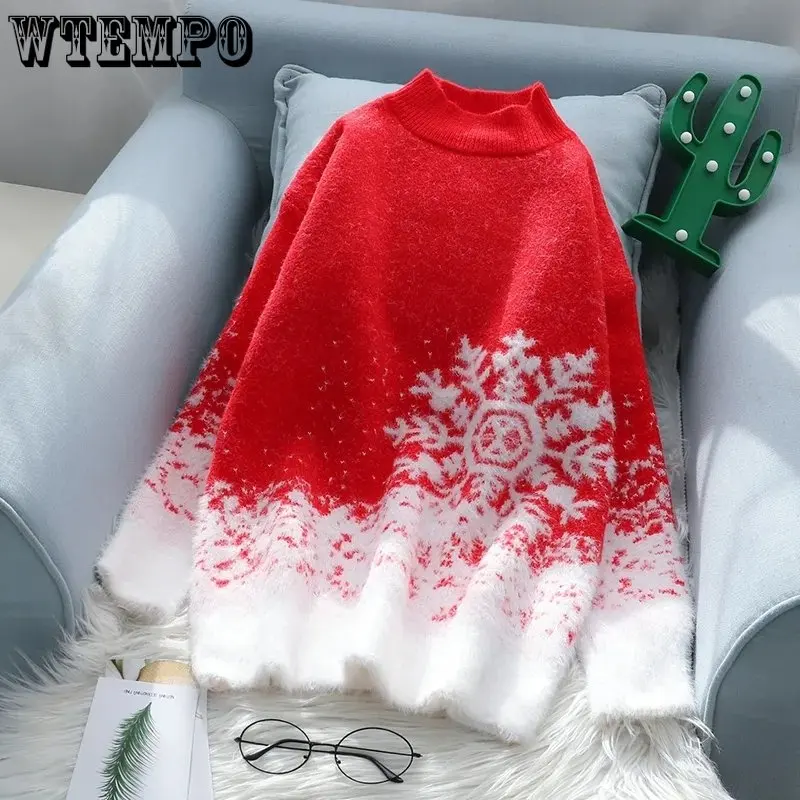

Рождественский свободный свитер WTEMPO, женские толстые вязаные пуловеры со снежинками, зимние винтажные милые мягкие теплые повседневные женские джемперы