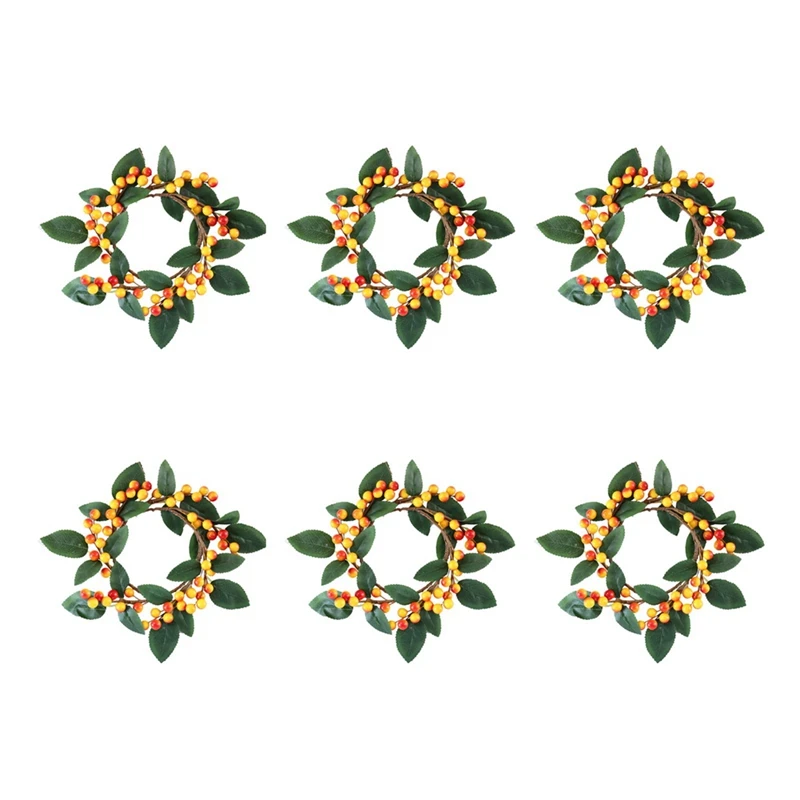 

6Pcs Christmas Candle Rings Wreath Artificial Berry Candle Rings Tea Light Ring For Xmas Thanksgiving Harvest Decoration
