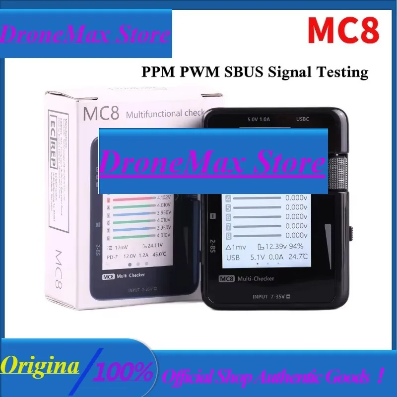Фото DroMaToolkitRC MC8 Smart 32-битный мультичекер для батарей с быстрой зарядкой через USB-C, выходом PWM, тестером сигналов PPM и SBUS. №1