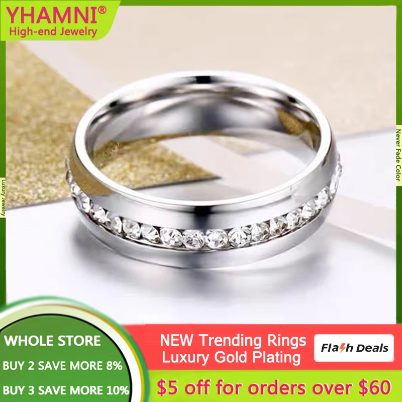 

Never Fade 6mm Stainless Steel Gold Color Ring Full Circle Rhinestone Rings For Women Men Unisex Ring Lover Eternal Wedding Band