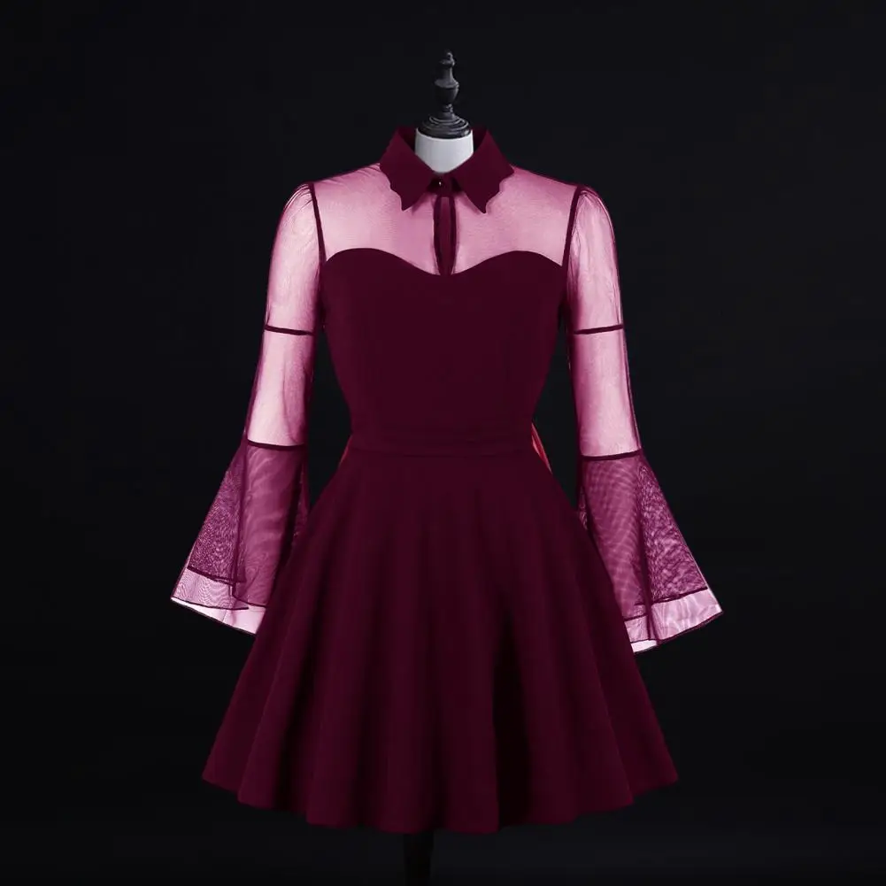 

Women Dress Net Yarn Winter Party Wear Large Hem Turndown Collar Dress Party Dress for Dating