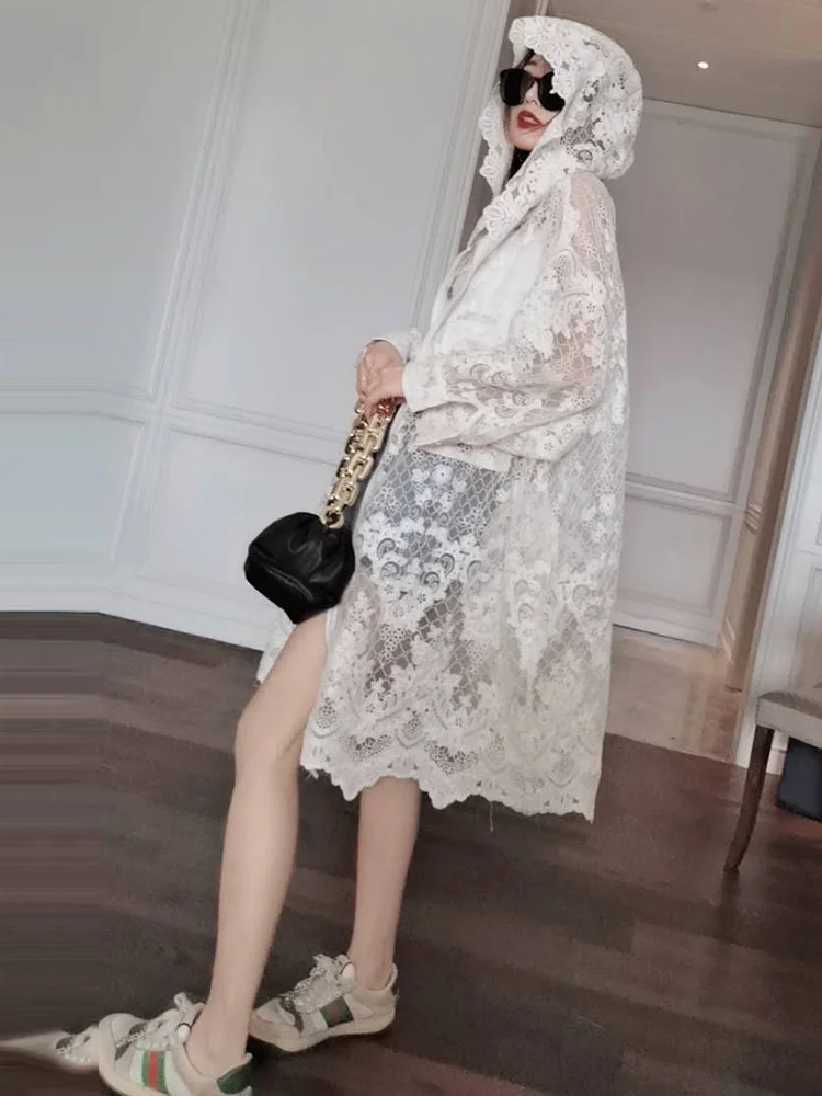 

Sweet Long-sleeved Hooded Lace Embroidery Anti-hook Flower Hollow White Shirt Sunscreen Clothes Clothing 2022 Summer New G064