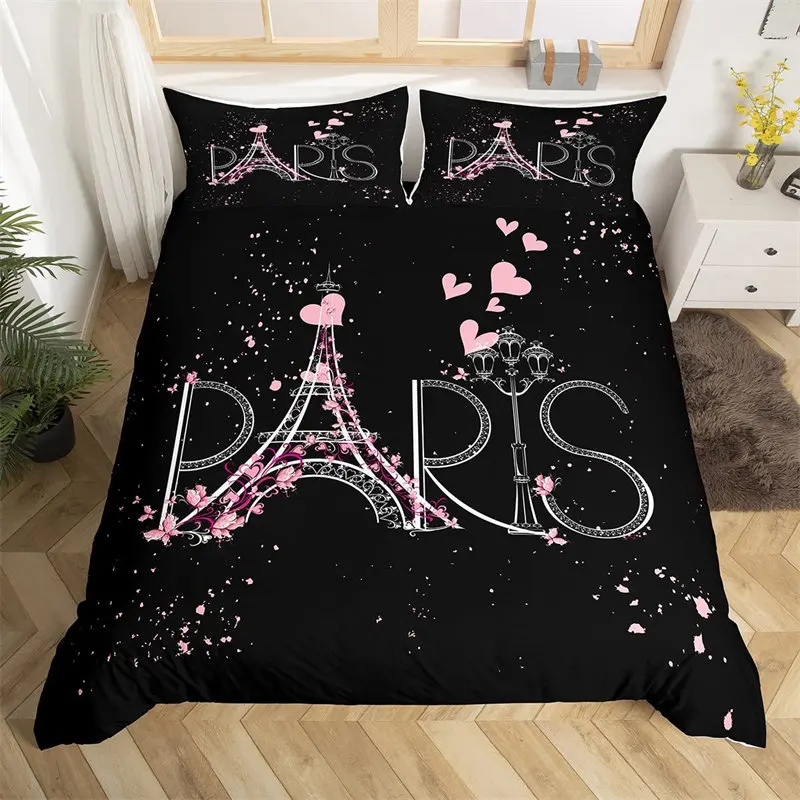 Paris Eiffel Tower Duvet Cover Romantic Theme Bedding Set Cityscape Comforter Cover For Kids Child Teen Boys Girls Bedroom Decor
