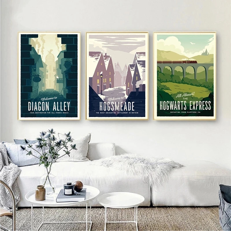 Печатная художественная живопись, диагональная переулка, экспресс, Hogsmeade, ретро холст, живопись, Постер для путешествий, пейзаж, настенное искусство, фото