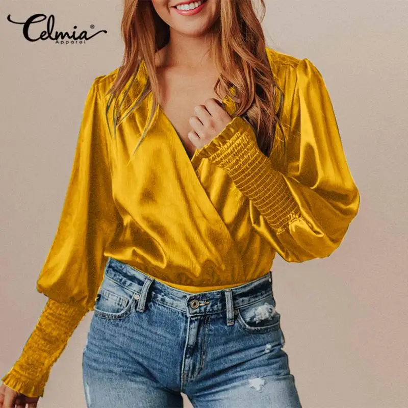 

Celmia Women Satin Blouses 2022 Elegant V Neck Glossy Shirt Fashion Long Puff Sleeve Pleated Blusas Spring Autumn Casual OL Tops