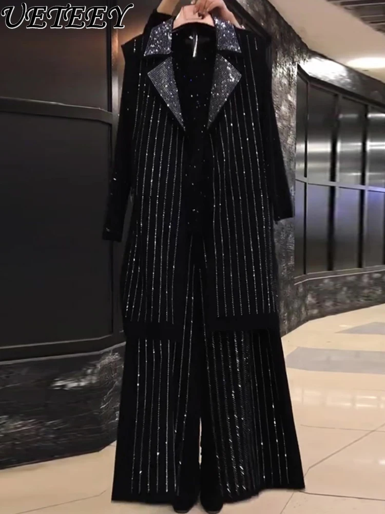 

Oversized Women's Clothing Autumn New Mid-Length Loose Sleeveless Vest Wide Leg Pants Streetwear Heavy Diamond 3pcs Suit Fashion