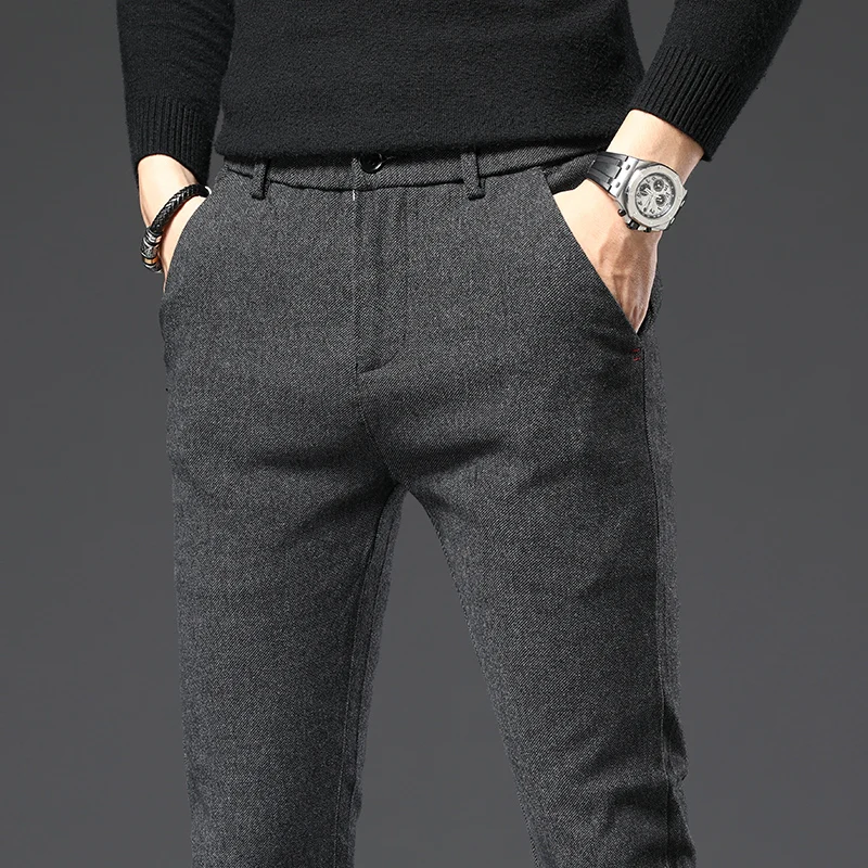 

Брюки мужские с начесом, модные деловые повседневные приталенные штаны, брендовые зимние тянущиеся плотные брюки, черные, серые, синие, 28-38