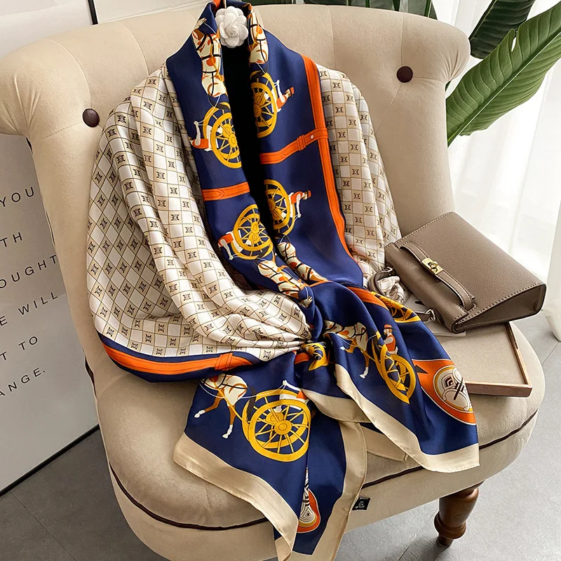 

Classic Carriage Print Silk Scarf 90X180cm Women Bandana Beach Lrage Shawl Luxury Shawl for Women Muslim Hijabs Pareo Beah Scarf