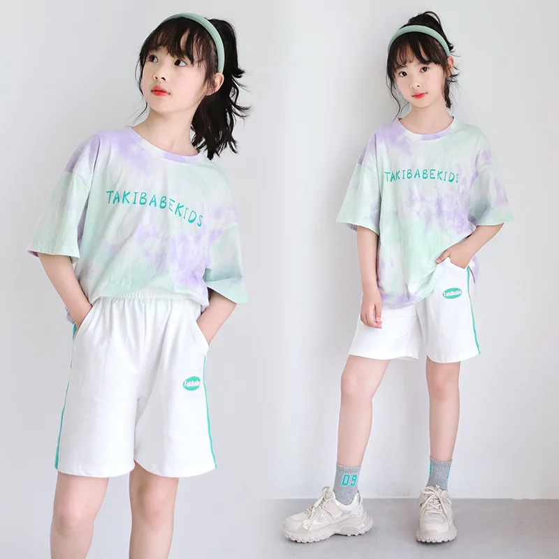 Корейский Летний комплект для девочек 2024 футболка с принтом букв и спортивные