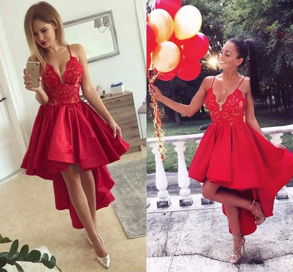 Spaghetti Straps High Low Homecoming Dress With Appliques V Neck Red Satin Cocktail Dresses Short Front Long Behind Prom Dresses