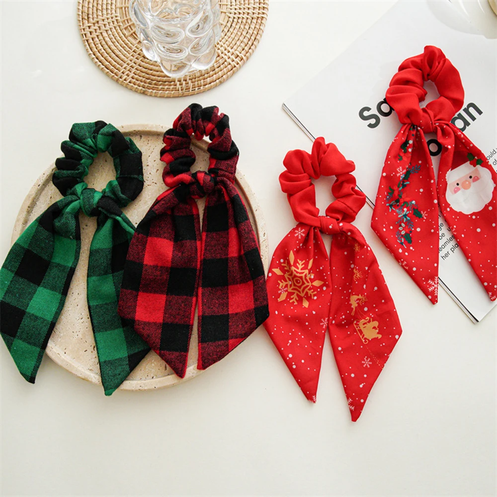 

Christmas Style Plaid Scrunchies Xmas printed Bow Hair Rope Ponytail Ribbon Hair Tie Ring Hair Accessories All Match Simple DIY