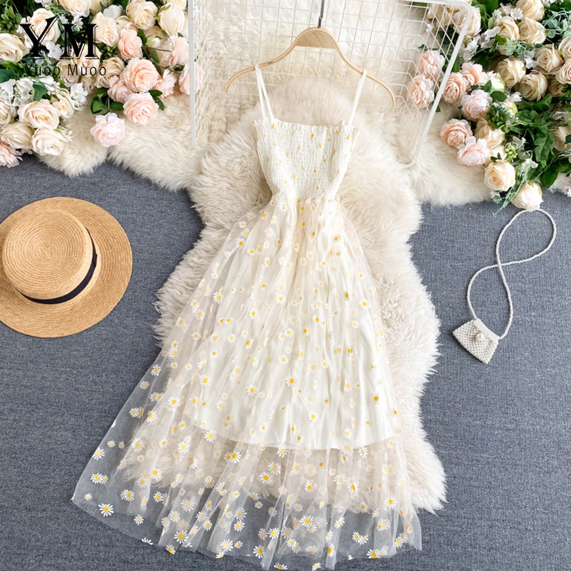 

Korean Fashion Daisy Flower Print Mesh Dress Summer Two Layers Spaghetti Strap Vacation Midi Dress Beach Vestidos