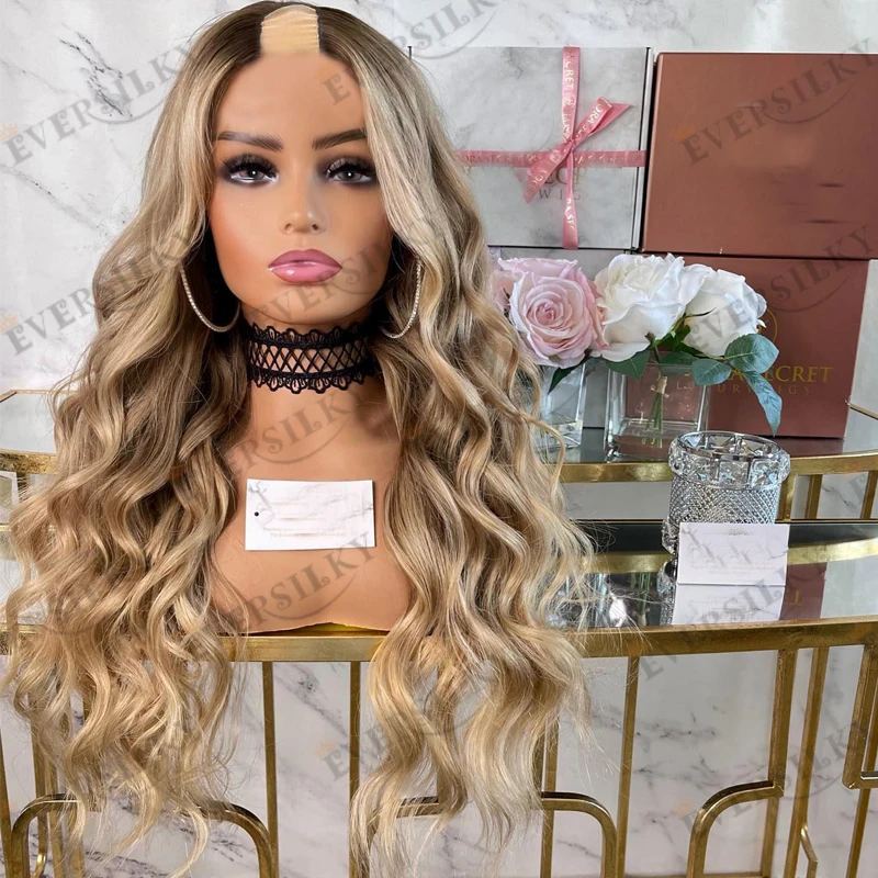 Ombre Vanilla/Ash/Honey/Light Blonde Super Long 30Inches Body Wave Human Hair 1x4 Opening U Part Women Wigs Glueless Remy Wigs