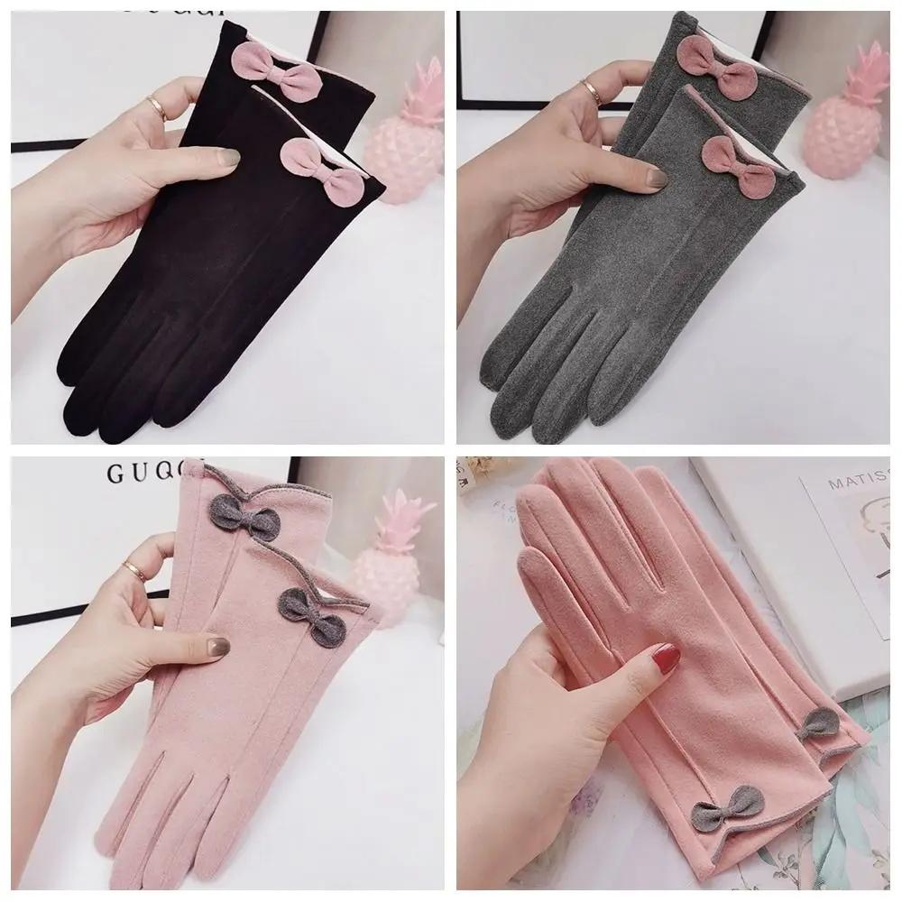 

Зимние женские бархатные рукавицы с бантом и пятью пальцами для езды на открытом воздухе, велосипедные перчатки, плюшевые перчатки в Корейском стиле для езды на велосипеде
