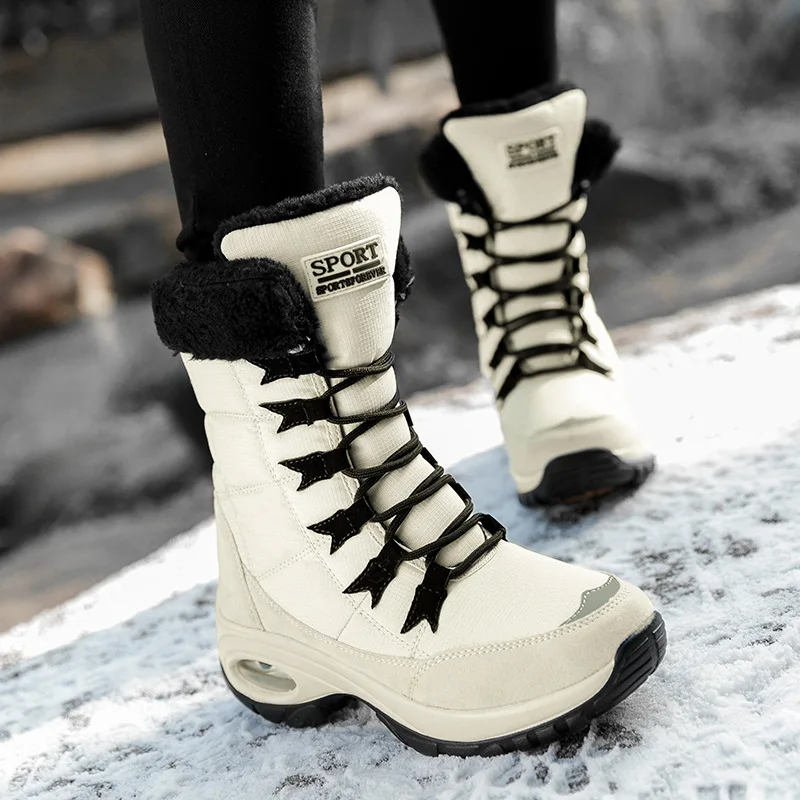 Large Size 36-42 Women's Snow Shoe Luxury Soft Fleece Air Cushion Platform Winter Mid-calf Boots Non-slip Cushioning Hiking Shoe
