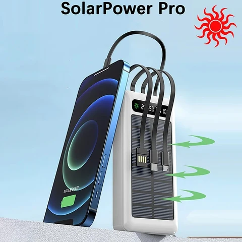 50000 мАч Solar Power Bank Ultra Capacity USB 4 в 1 Сверхбыстрая зарядка USB TypeC Светодиодный светильник Открытый Power Bank для iPhone Xiaomi