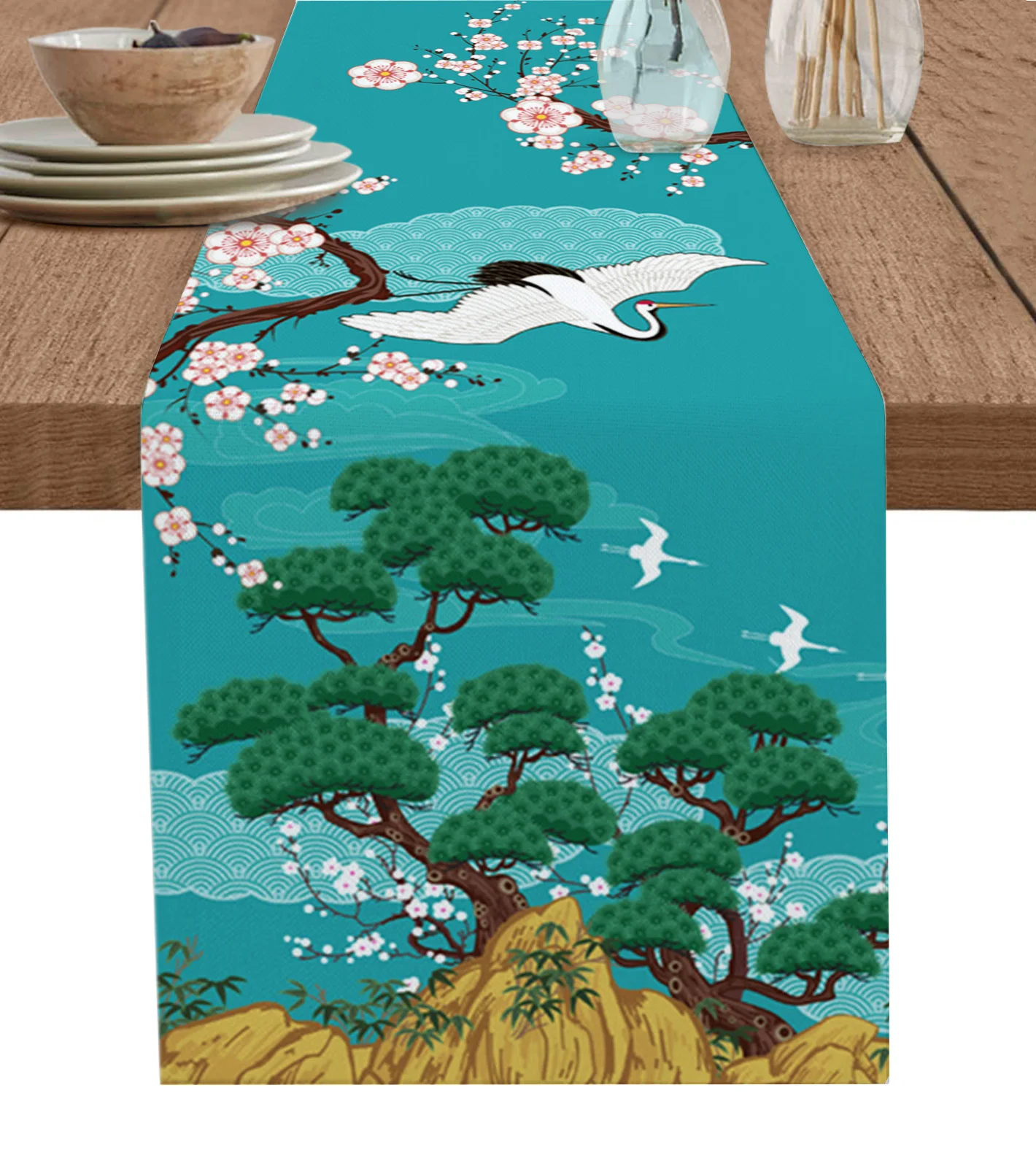 

Japanese Style Crane Cherry Blossom Table Runner Wedding Decoration Cotton Linen Table Runner for Holiday Party Table Decor