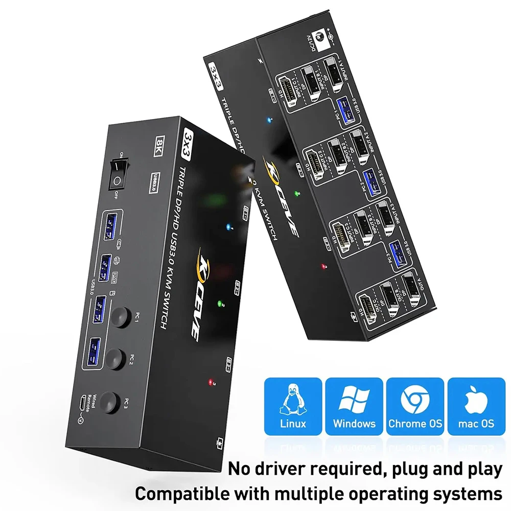 Фото KVM-переключатель 3 компьютера 3 монитора HDMI-совместимый + DisplayPort USB3.0 KVM-переключатель 8K при 60 Гц/4k при 144 Гц Тройной монитор DP KVM для 3 ПК №1