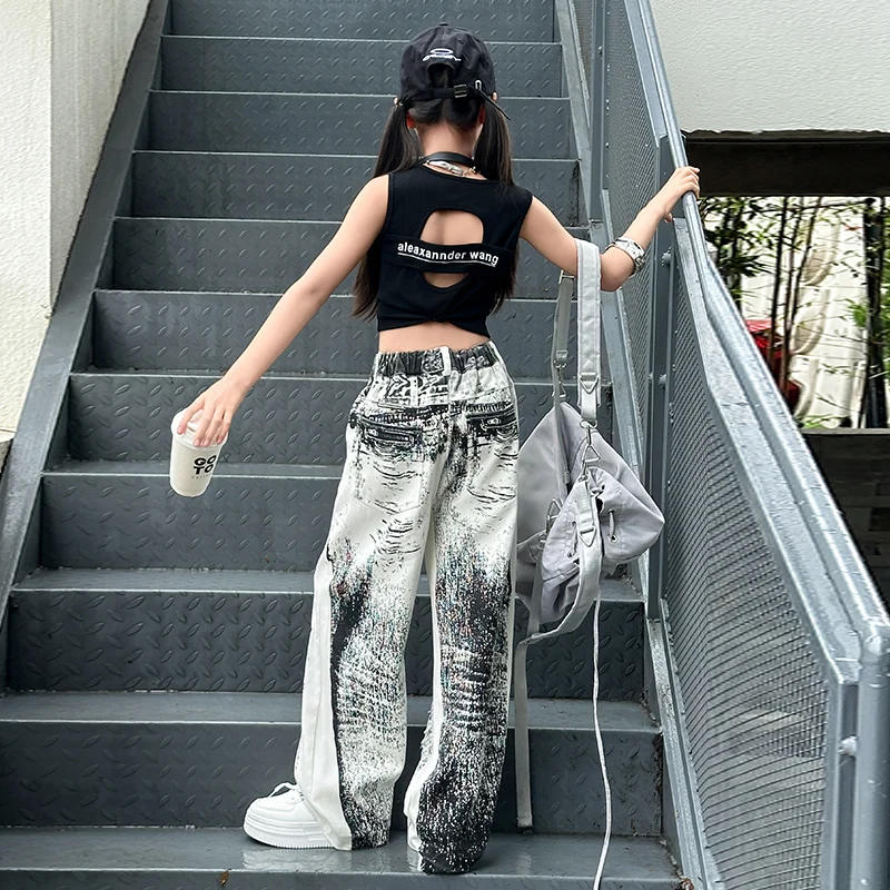 Джинсы с дырками для девочек 5-15 лет крупные рваные брюки широкими штанинами