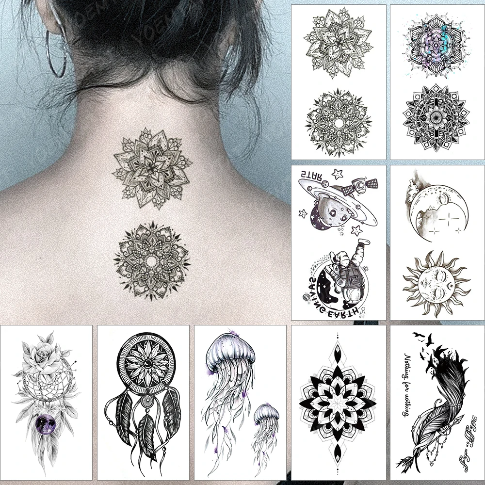 

Waterproof Temporary Tattoo Sticker Black Lotus Mandala Flash Tatoo Henna Feather Arm Wrist Fake Tatto For Body Art Women Men
