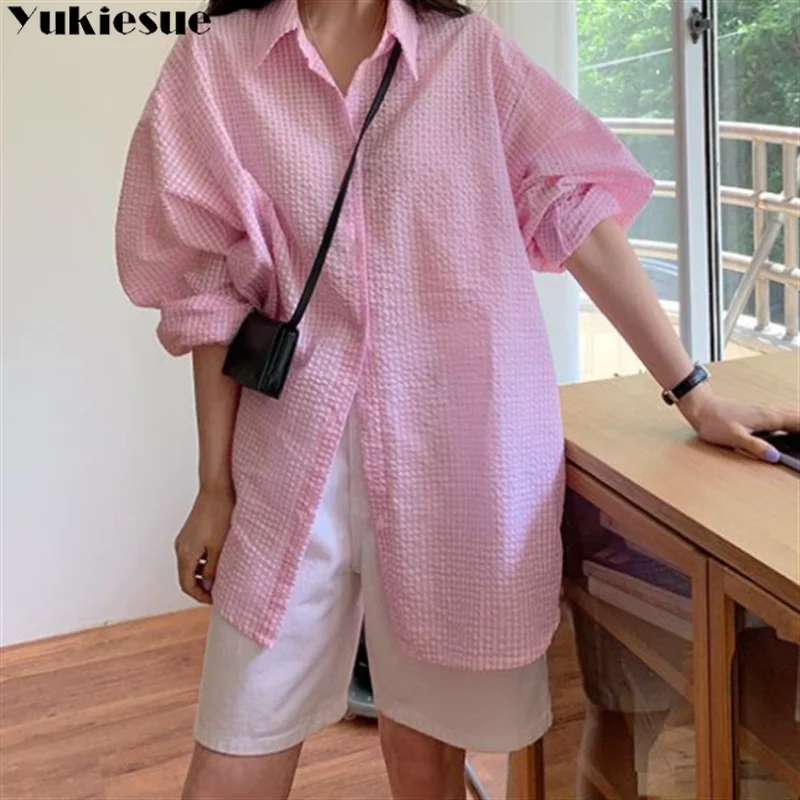 

Блузка женская свободного покроя в клетку, повседневная пенопластовая рубашка с защитой от солнца, модная сорочка с длинным рукавом, весна-лето