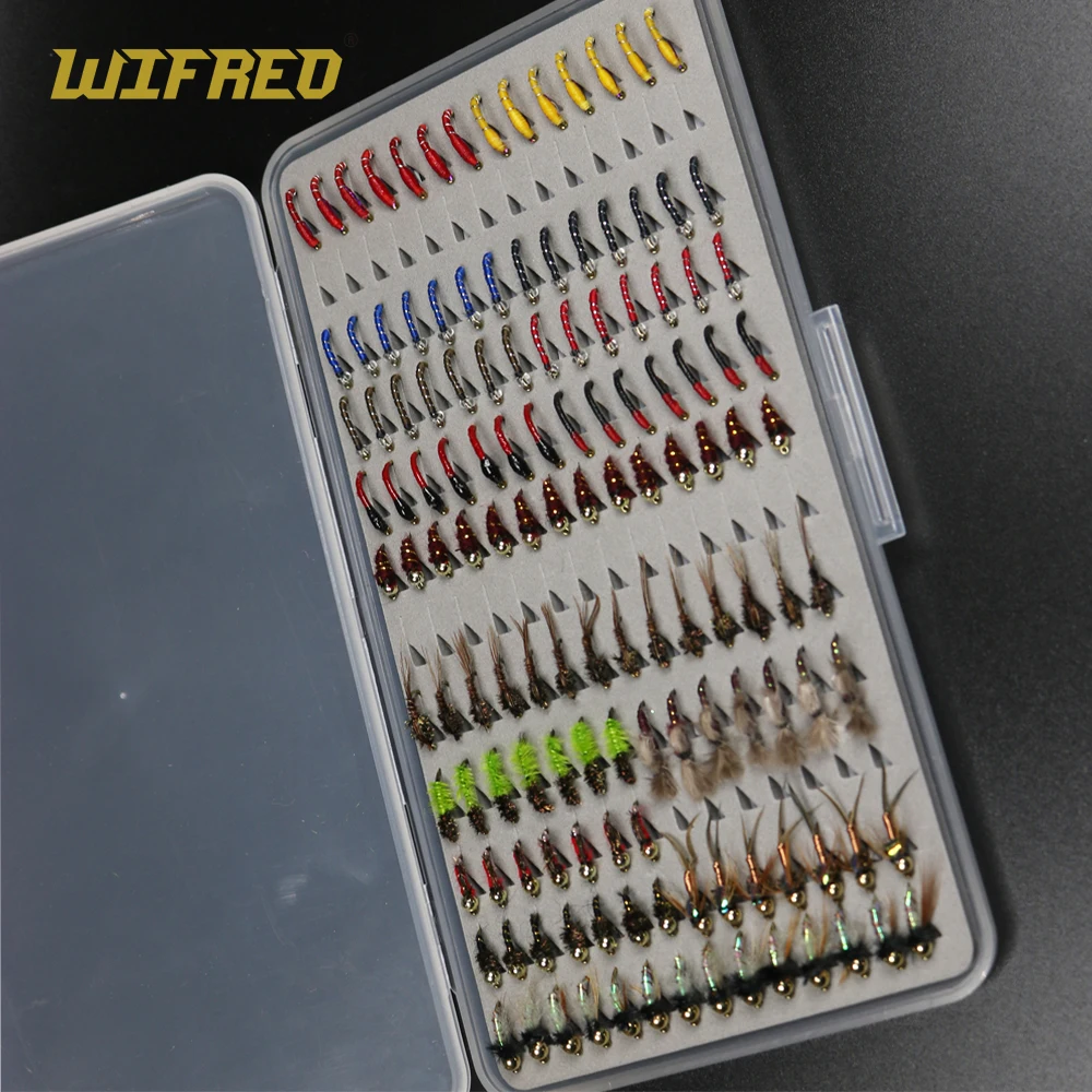 Wifreo 133 шт. в ассортименте ультратонкая портативная Нимфа Скад искусственная кожа для форели для рыбалки нахлыстом с ультратонкой карманной коробкой для ловли нахлыстом