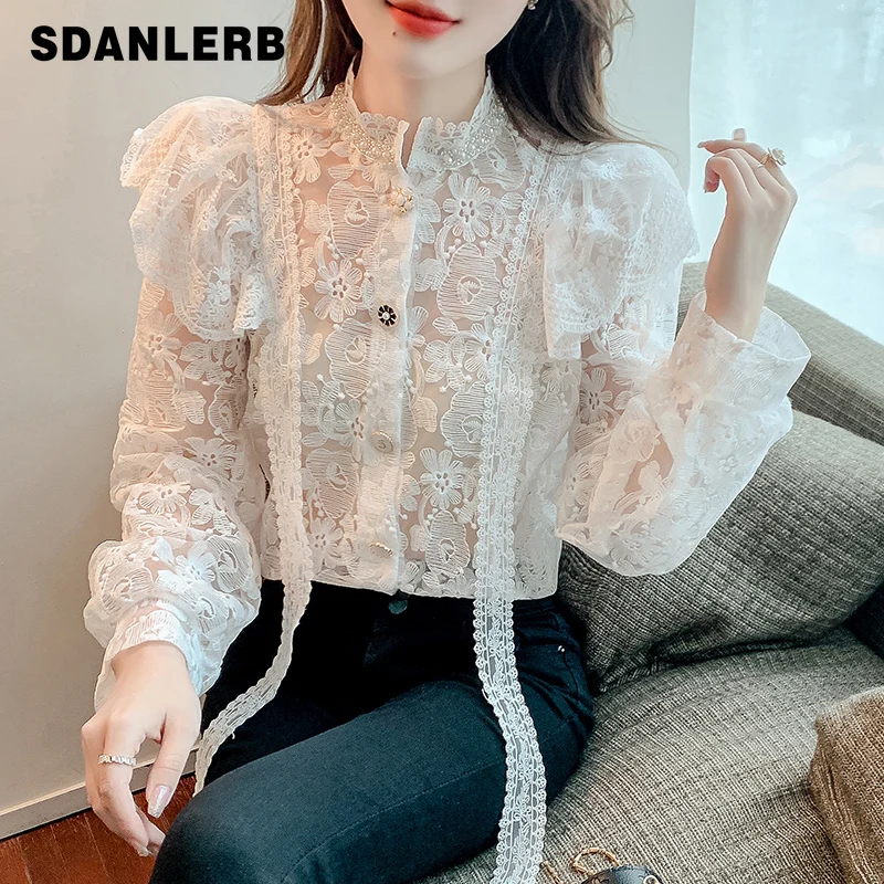 

Beaded Stand Collar Crocheted Lace Tops Women's Inner Wear Shirt Early Spring New Design Sense Streamer Long Sleeve Blouse