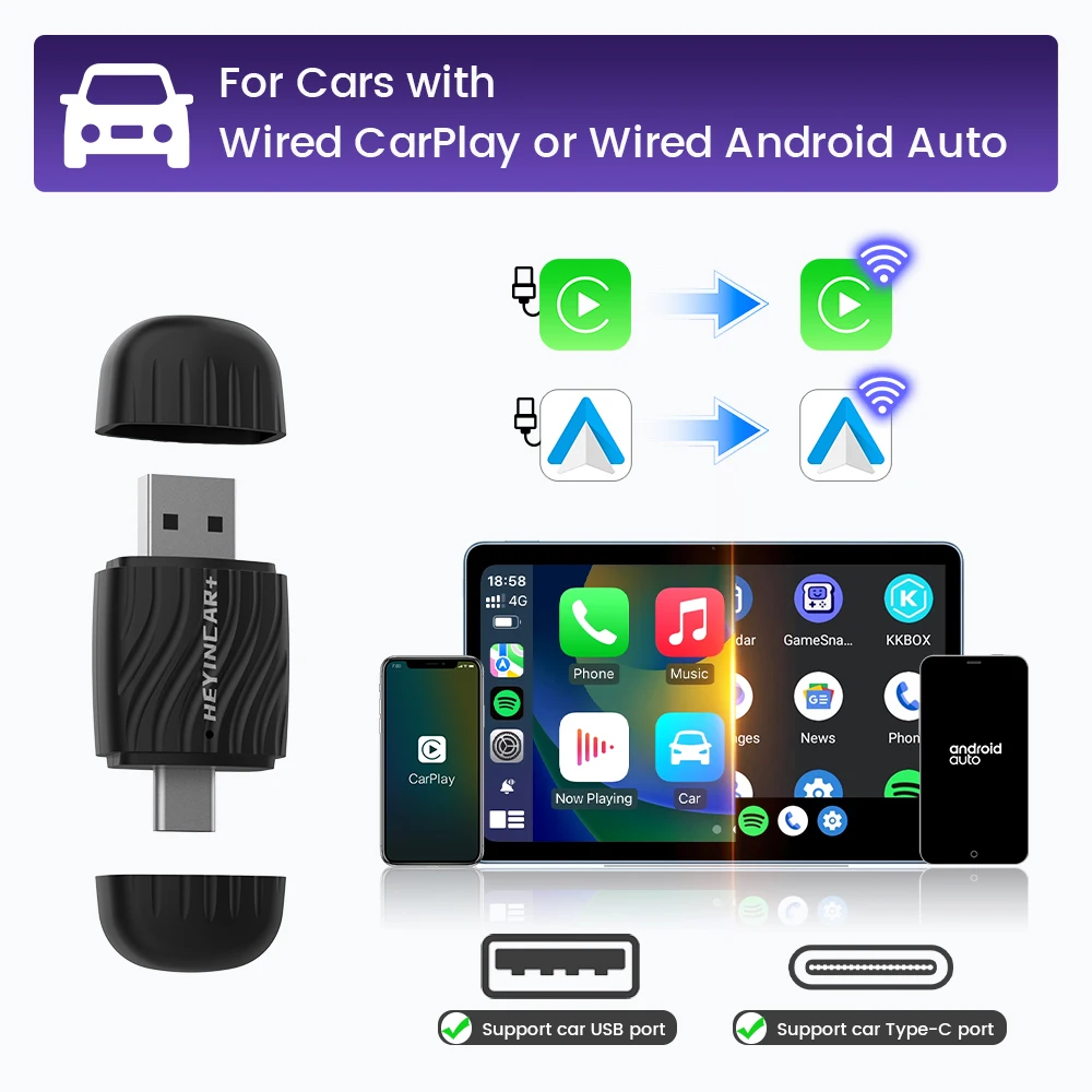 

НОВЫЙ Беспроводной адаптер HEYINCAR 2-в-1 для CarPlay и Android Auto, умный AI-бокс, Plug and Play для всех автомобилей с проводным CarPlay