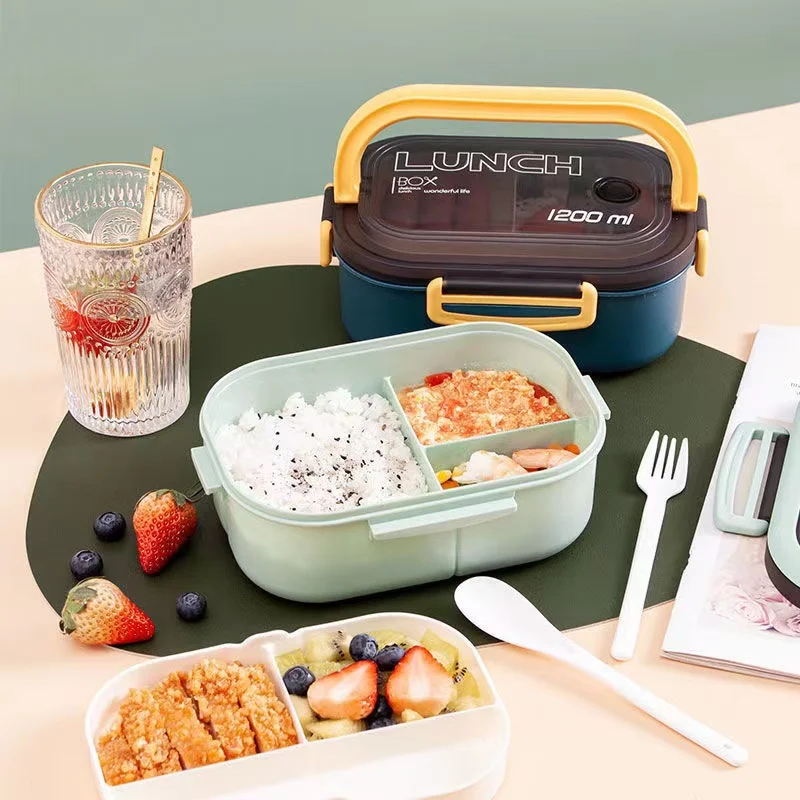 

1200ml Lunch Box 2 Layers Grids Student Office Worker Microwave Hermetic Bento Box Picnic Fruit Food Container with Fork Spoon