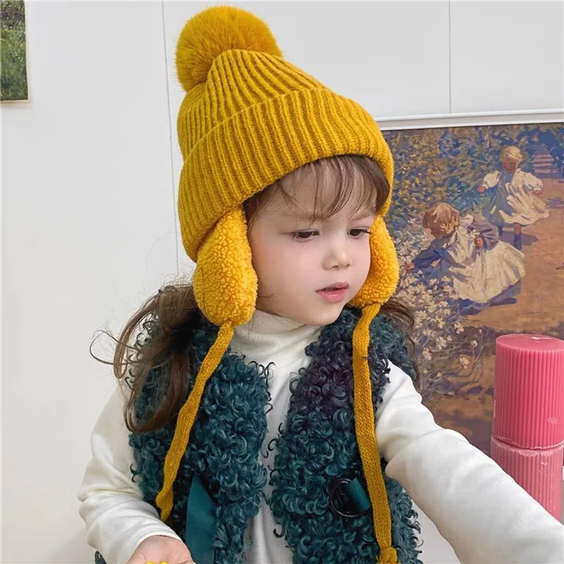 

Children Winter Cap New Fashion Wool Windproof Warm Ear Flaps Cute Knitted Cashmere Hat With