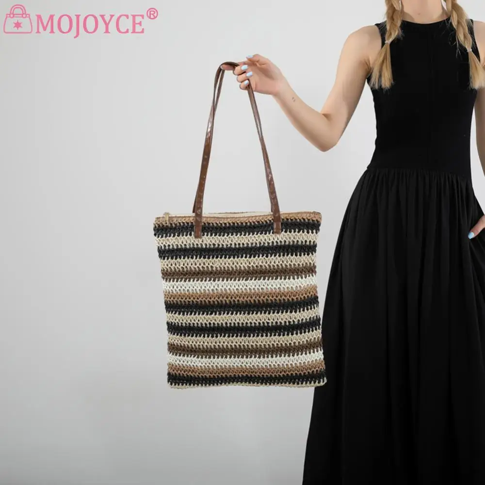 Пляжная соломенная сумка в полоску Модный богемный саквояж на плечо большой