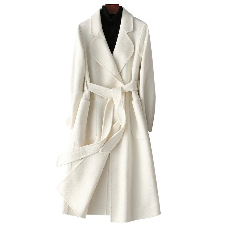 

white Women Elegant Long 100% Wool Coat With Belt Solid Color Long Sleeve Chic Outerwear Ladies Drop Shoulder Overcoat 2022