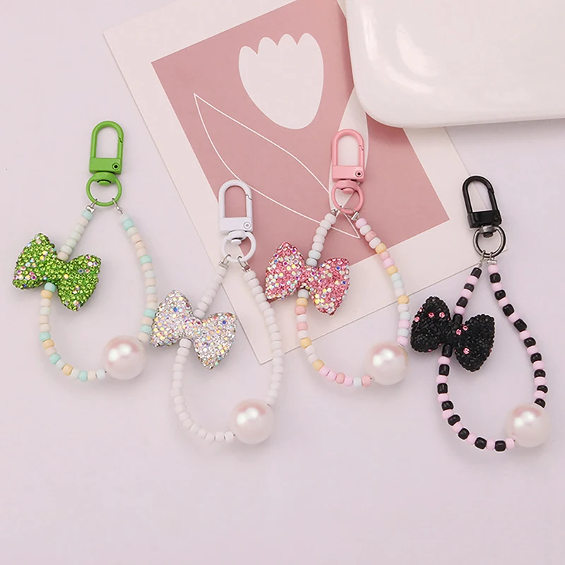 

1Pc Cute Full Diamond Bow Flower Beads Lanyards KeyChains For Women Keyring Car Keychain Bag Backpack Decor Case Pendent
