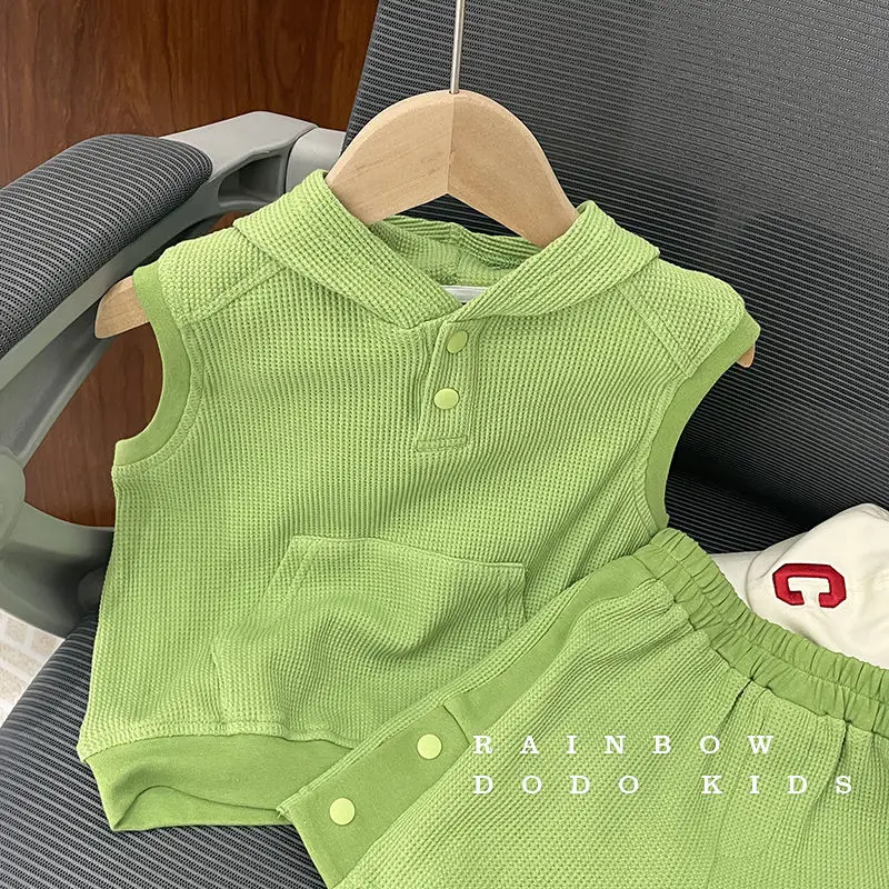 Children's Casual Sports Suit Children's Clothing 20222 Summer Boys and Girls Waffle Sleeveless Vest Top Shorts