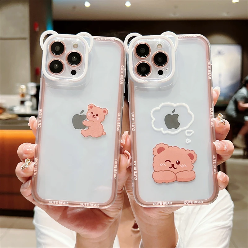 

Funny Cute Cartoon Bear Stand Holder Clear Phone Case For iPhone 11 12 13 14 Pro Max X XS XR Plus Animal Transparent Soft Cover