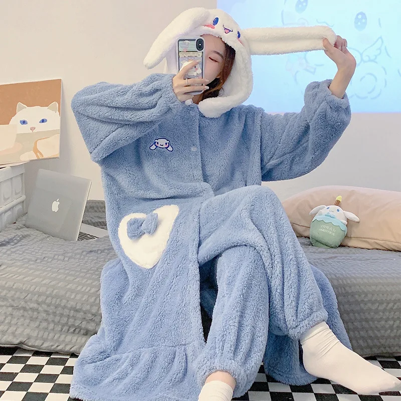 Coral Fleece Nightgowns For Women Winter Plus Size Nightwear Suit Thicken Warm Bathrobe Sweet Cute Pajamas Set Cosplay Sleepwear