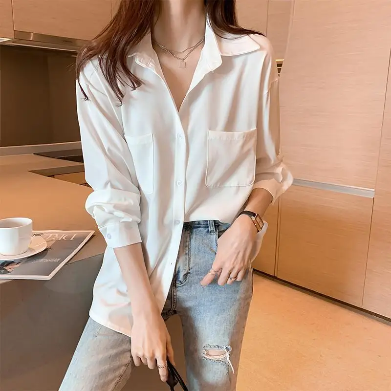 Profession Office Double Pocket Single-breasted White Blouse Women New Long Sleeve Classic Polo Collar Fashion All-match Shirt