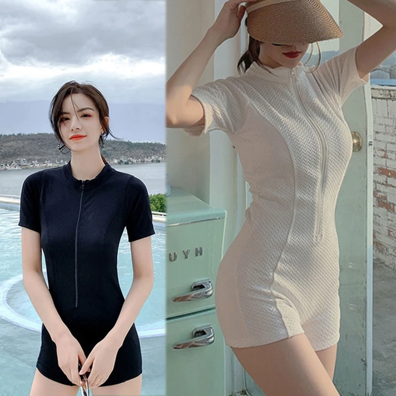 

One-piece Traditional Female Swimsuit Short Sleeve Bathing Suit Boxer Pants Beachwear Suit Bodysuit Pure Swimming Suit