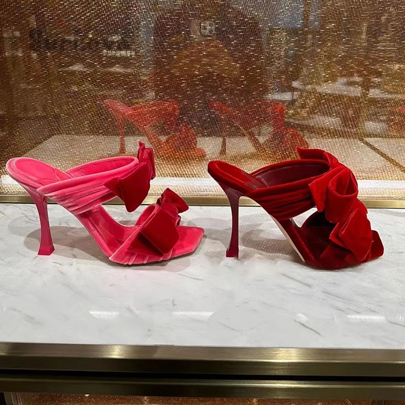 Velvet Butterfly-Knot Sandals Sweet Open Toe Red Black High Heels Pumps Elegant Stilettos Wedding Shoes Casual Dress Slippers