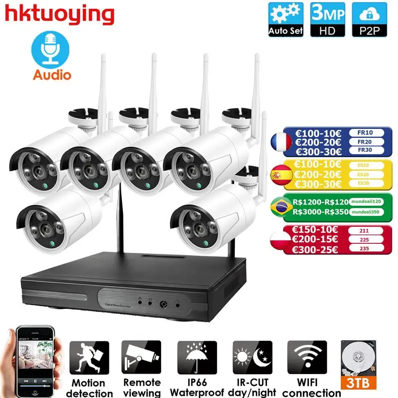 

Беспроводная система видеонаблюдения, 6 каналов, 3 Мп, HD, 1080P