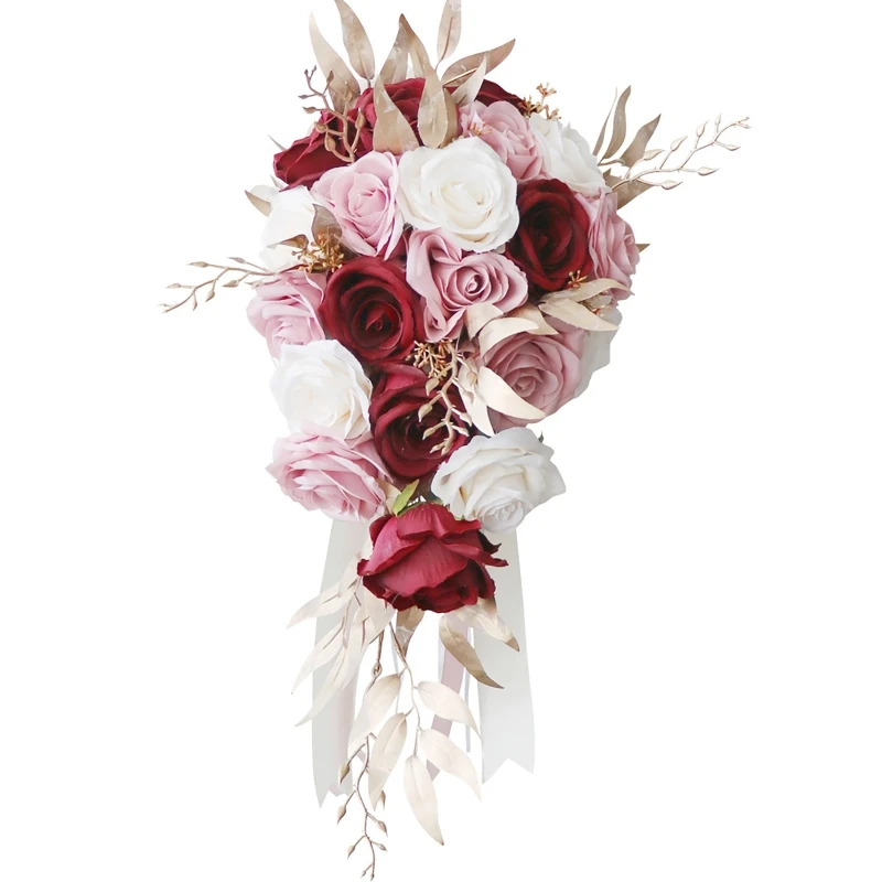 

Европейский Свадебный Каскадный букет невесты «Водопад», искусственный цветок с рукояткой лента в форме листьев для центрального элемента...