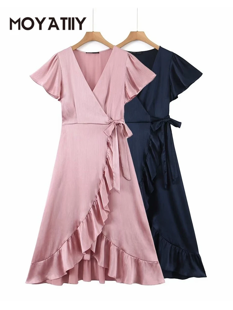 

MOYATIIY 2023 Fashion Women Summer Dress Solid Pink Wrap Dresses With Bow Short Sleeve V Collar Ladies Vintage Midi Dress