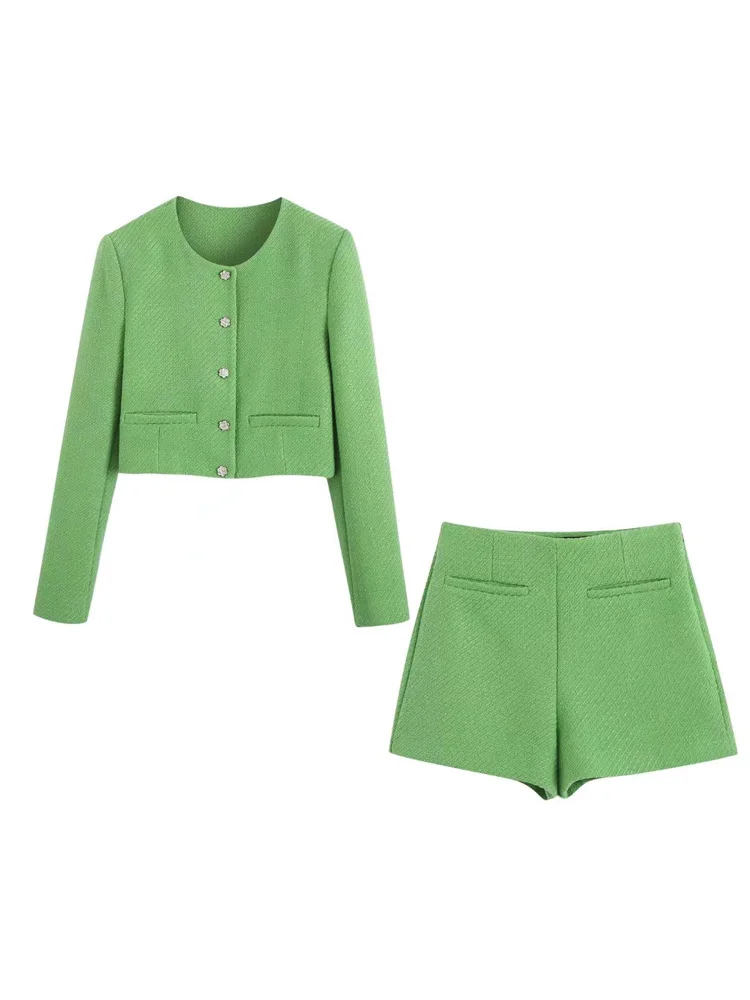 

2022 Summer Women Casual Suits 2 piece Sets Solid Veins Short Jackets Coat and Shorts Female Fashion Two pieces Clothes